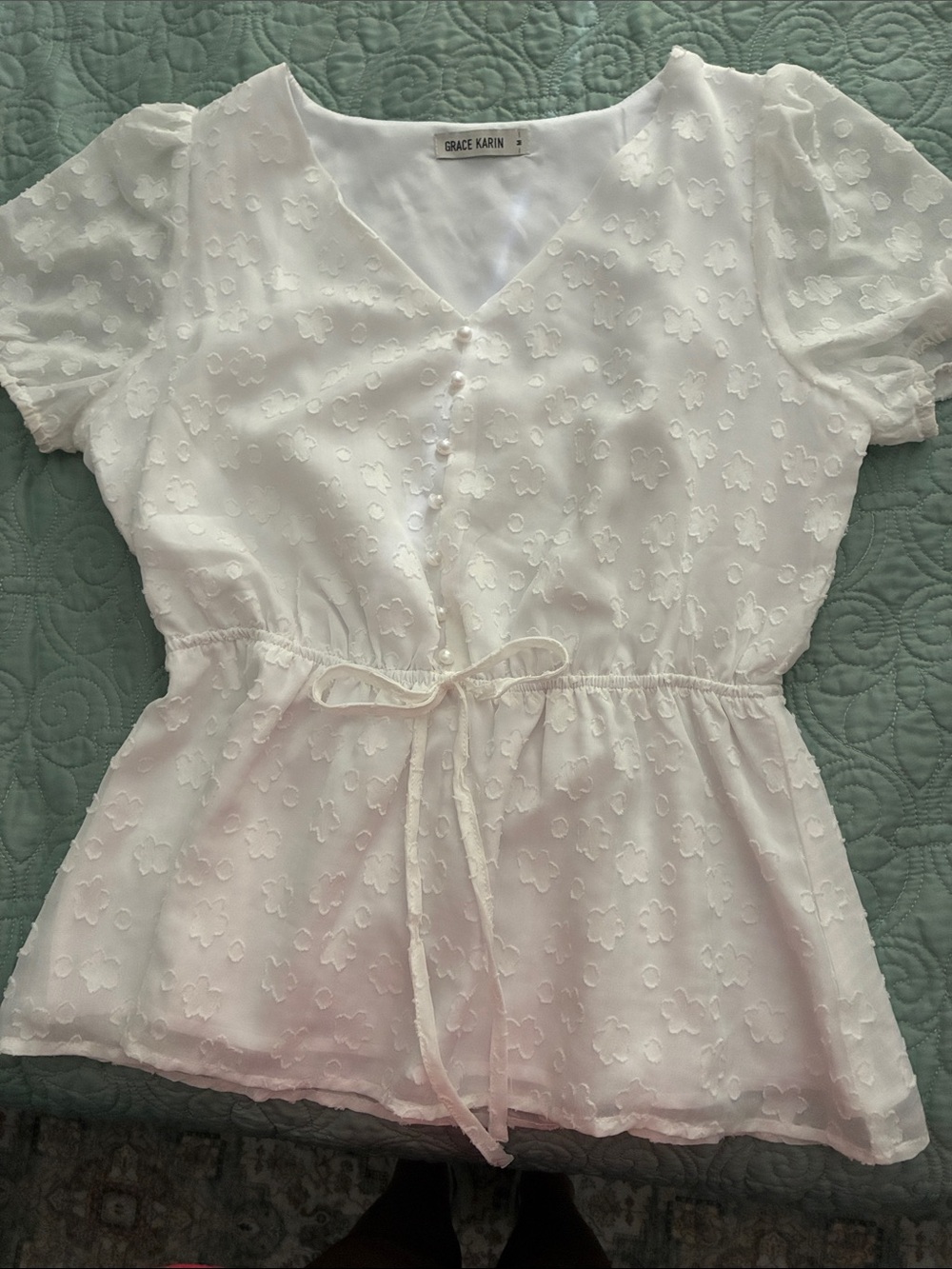 Grace Karin White Floral Eyelet Tie-Waist Peplum Blouse